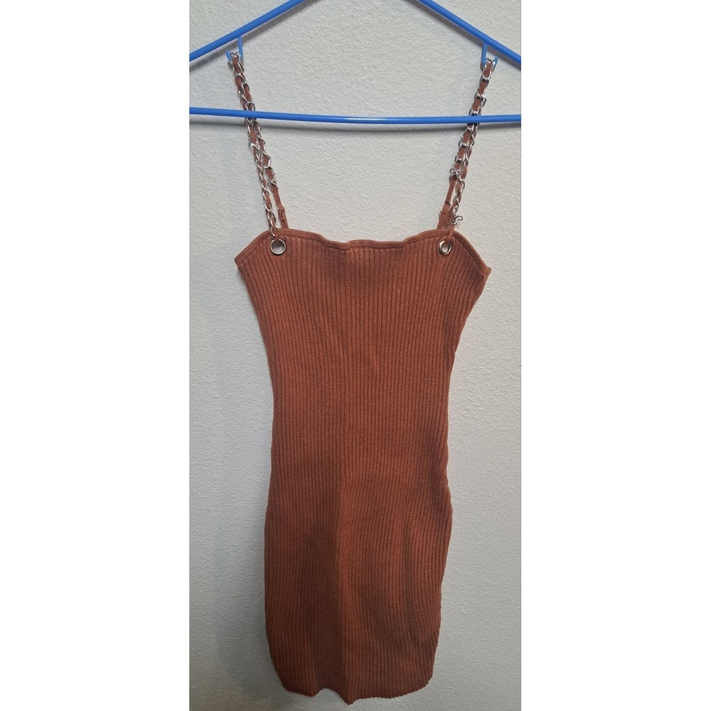 Tic Toc Rust Ribbed Bodycon Dress Medium Chain Strap Mini Fitted